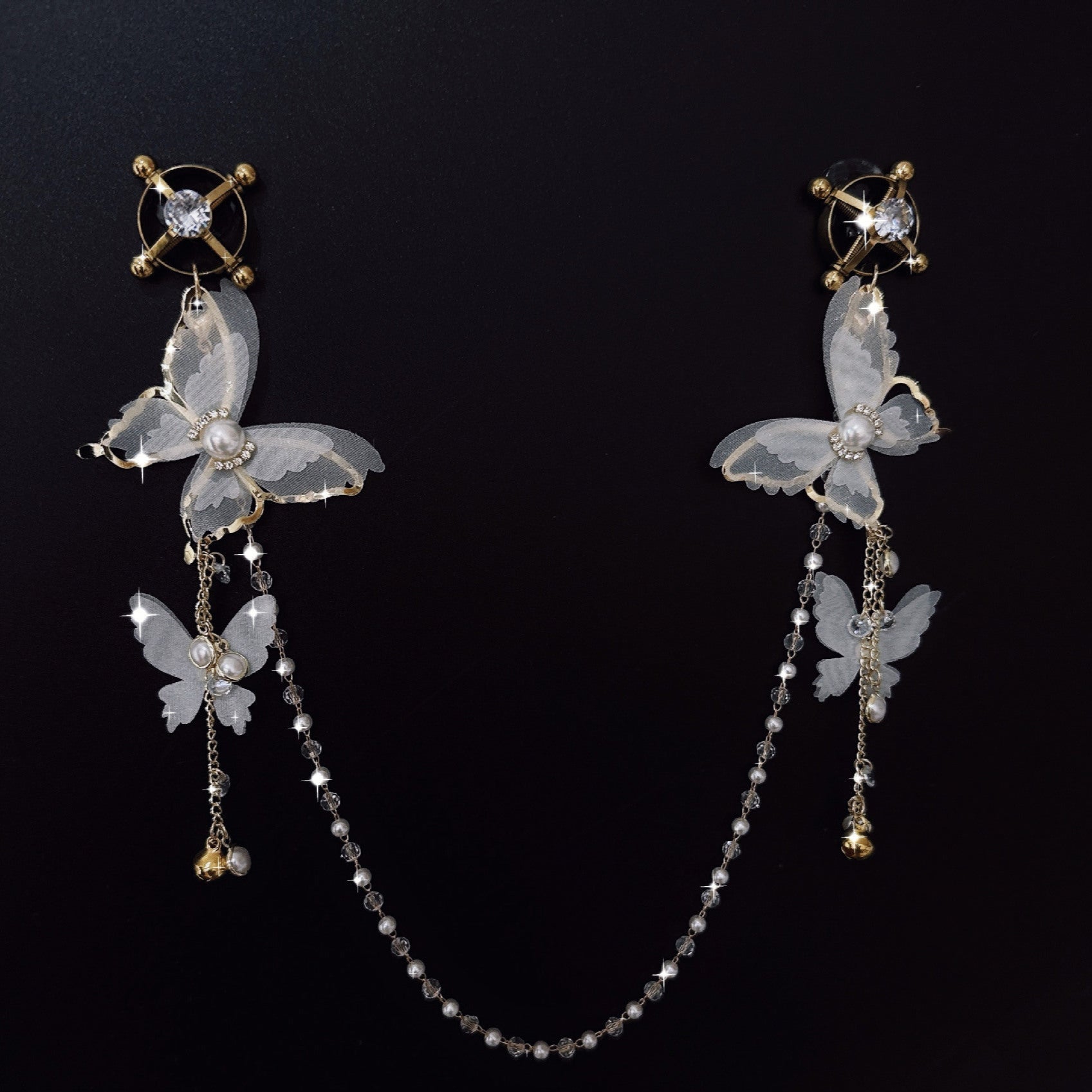 Image of sex toysbell butterfly nipple clip lace pearl sm stimulation nipple training nipple titty clamp butt plug tail